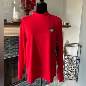 Karl Lagerfeld Paris Womens Embroidered Mock Turtleneck Blouse Long Sleeve Red